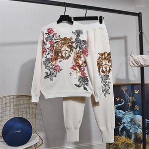 Women's Two Piece Pants White Black Knitted Tracksuit Women Outfits Manual Sequins Flowers Pullover Sweater Pencil Set Loose Knitting Suit