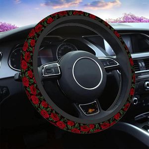 Steering Wheel Covers Rose Red 15 Inch Vintage Roses And Green Leaves Universal Fit Most Car Sedans SUVs