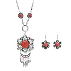 Collana di orecchini set antica gemma acrilica bohémien zingara per le donne Boho collane con ciondolo a forma di fiore in metallo gioielli con colletto nazionale