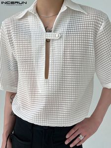 Мужские повседневные рубашки простые топы стиля инсунун, люди текстурируют слегка видят через блузку сплошной грудь с коротким рукавом S 5xl 230428