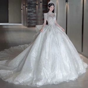 Modernes Ballkleid, Hochzeitskleid, neuestes langärmliges, rückenfreies Kleid mit Pailletten und Kristallen in Übergröße, Schärpe, Mi-Kleid, Strand, Boho, elegantes Garten-Land-Brautkleid für Kleinkinder