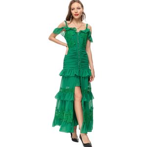 Sukienki damskie pasy startowe paski spaghetti z koraliki haft warstwy marszczyki High Street Fashion Vestidos