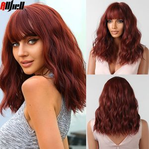 Red Brown Natural Natural Wavy Wigs Synthetic para mulheres negras Cosplay Wig Bob Hair com Bang resistente ao calor Diário Party Usefa