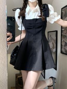 Arbetsklänningar 2023 Kawaii Preppy Style Svar svart slipklänning Vit blus Våren söt koreansk mode Femle outfit kvinnor eleganta två stycken