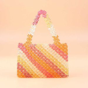 Evening Bags Clear Colored Crystal Beaded Shoulder Popular Bead Rainbow Hand woven Pearl Handbag Party Totes Beach 230427