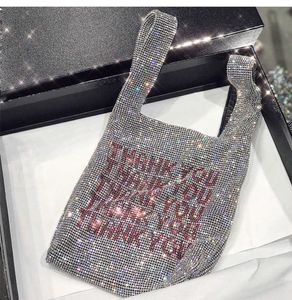 Shoulder Bags Thank You Sequins Evening Women Small Tote Crystal Bling Fashion Lady Bucket Handbags Girls Glitter Purse Clutch Brand 230426