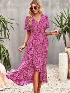 Casual Dresses Ladies Floral Print Aline Split Summer Elegant Butterfly Sleeve Laceup Women Fashion Holiday Sundress Party 230428