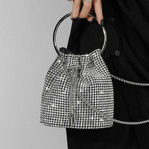 Shoulder Bags New in Evening 2023 Handbags for Women Metallic Silver Bucket Rhinestone Bag Clutches Sac a Main Femme Chain Small 230426