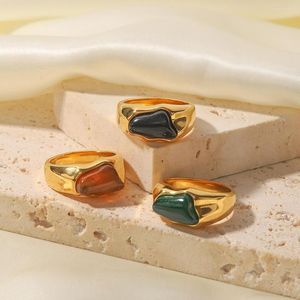 Wedding Rings Vintage 18K Gold Plated Stainless Steel Natural Gemstones Ring For Women Inlaid Irregular Green Red Geometric Jewelry Gift