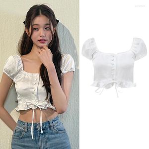 Damenblusen Kpop IVE Jang Won Young 2023 White Square Neck Tops Puff Short Sleeve Bow Shirts Damen Sommer High Street Sweet Cardigan