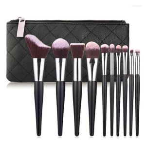 Escovas de maquiagem 10pcs Black Silver Classic pincel Conjunto com PU Bag Fundação Liquidificadora Pó de Eyeshadow Lips Make Up Up Up