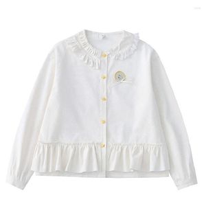 Women's Blouses Spring Cotton Women's Long-sleeved Corduroy Shirt Tops Sweet Cute Decorative Lace Patch Female Loose Ruffles White