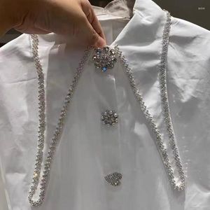 Women's Blouses Chic Women's Diamonds Denim Shirts Spring Dress Single-breasted Beaded Jeans Crystal Buttons Cardigan Tops Blusas 2023