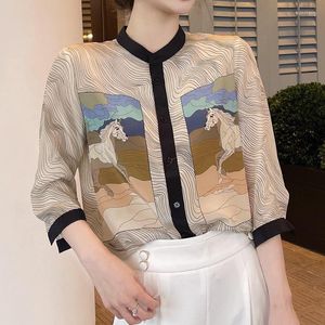 Bloups feminina camisa de camisa geométrica costura de cavalo padrão de alta qualidade de meia manga Casual blusa confortável top