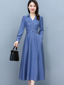 Casual Dresses Women Cotton V-Neck Midi Dress 2023 Vintage Korean Chic Prom Tunics Spring Autumn Elegant Luxury Party Evening