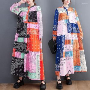 Casual Dresses 2023 Autumn Shirt Dress Women Korean Literature and Art Big Size Loose Printing Fashion Stitching Mid-Längd Robes T181