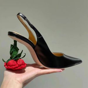 2023 여름 진짜 가죽 하이힐 여성 장식 꽃 스틸레토 샌들 연회 펌프 탄성 스트랩 연회 신발