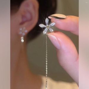 Orecchini a pennello Real 925 Sterling Sterling Shiny Flower Drop delicati tira attraverso orecchini da filo per donne gioielli fini