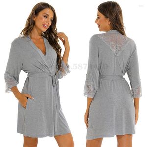 Women's Sleepwear Women's Solid Color Knitted Cotton Robe Sexy Lace Cuffs Nightwear Lace-Up Bathrobe Morning Gown Loose Casual Home Wear