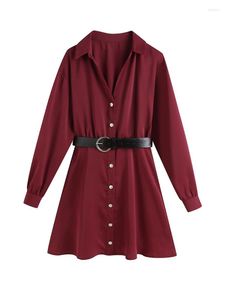 Abiti casual YENKYE 2023 donna con cintura abito camicia rosso vino manica lunga vintage elegante donna corta autunno Vestido