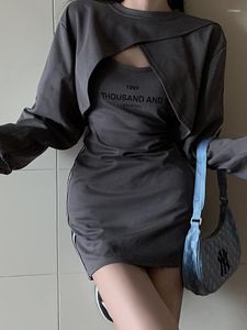 Casual Dresses Short Dress for Women Letter Design Lång ärm Tvådelkoreanskt mode 2023 Summer Spring Designer Style