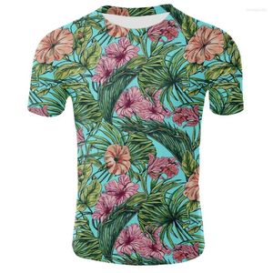メンズTシャツ2023サマーファッションラウンドネックショートスリーブのTシャツ明るい花と緑のリーフプリント3Dプリンティングストリート