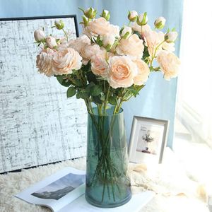 装飾的な花の花輪人工ローズフラワー3ヘッドシルクヨーロッパ牡丹長い茎偽のプラスチックホームガーデンパーティーウェディングデコレーション