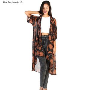 Kvinnors blusar skjortor mode semesterstil solmåne kvinnor sommar kimono blus chiffon cardigan strand outwear kvinnlig skjorta långa toppar 230428