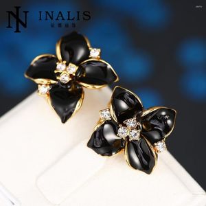 Orecchini a bottone INALIS Fashion Rose Gold Color Black Flower Orecchino di cristallo Ragazze per le donne Regalo E740