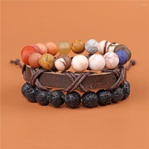 Charm Bracelets 3Pcs/Set Eight Planets Lava Stone Fashion Leather Adjustable Rope Bracelet For Women Men Set Jewelry Gifts