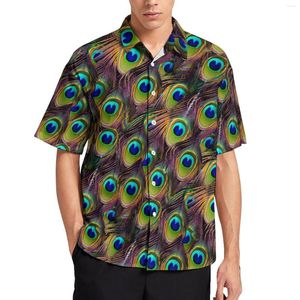 Camisas casuais masculinas coloridas penas de pavão azul e verde camisa de praia havaiana blusas modernas masculinas impressas plus size 3xl 4xl