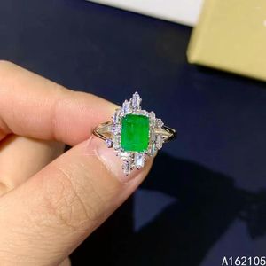 Pierścienie klastra 925 Pure srebrny chiński styl Naturalny szmaragdowy luksusowy prostokąt mody Regulowany klejnot Pierścień Fine Jewelry Wsparcie biżuterii