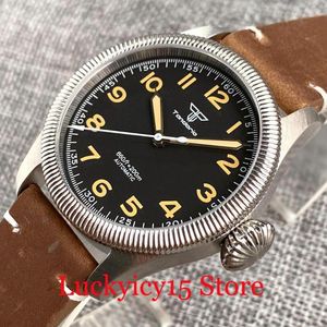 Bilek saatleri Tandorio 39mm büyük taç kremsi beyaz/siyah kadran yeşil parlak NH35A pt5000 hareket izle otomatik erkekler 20 atm deri