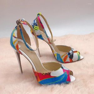 Sandals Open Toe Butterfly Print Genuine Leather Ankle Strap Thin High Heels Summer Women Shoes Size
