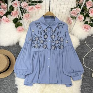 Women's Polos Women Shirt 2023 Spring Vintage Ethnic Style Embroidered Bubble Sleeve Loose Versatile Elegant Holiday Top Camisas Mujer