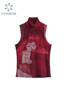 Women's T Shirt Tie Dye Mesh High Neck Hand Painted Printed Women Top Summer Fashion Sleeveless Slim T Shirt Lady Holiday Beach Style Tops 230428