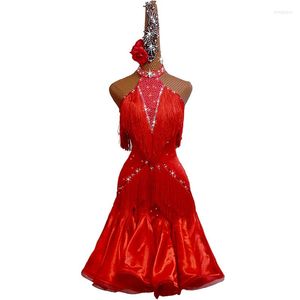 Scen Wear Red Latin Dance Dress for Ladies Tassel Rhinestone kjolar Kvinnor Rumba Samba Tango Cha Dancing Competition Costume