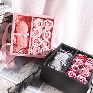 Decorative Flowers Soap Rose Flower Towel Bear Gift Box With LED Light Artificial Carnation Wedding Home Decor Valentines Day