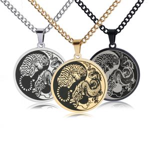 Colares pendentes Chain de charme de moeda de moeda de hiphop dragão de aço inoxidável Tiger yin yang tai chi logo redondo jóias de colar masculino