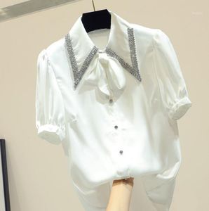 Women's Blouses Summer 2023 Korean Diamond Drill Collar Short-sleeved Chiffon Shirt Solid Color Lady White Blouse Slim Blusas Tops & Shirts