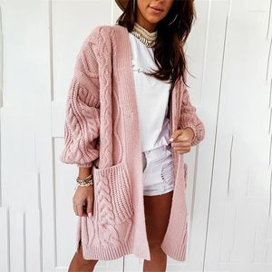 Malhas femininas bolso bolso de cardigã rosa longa mulher casual ovelha sólida malha de malha fora de roupa outono de inverno de inverno elástico de manga simples