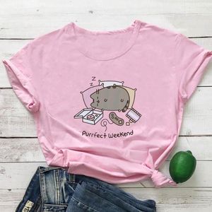 Koszulki damskie Purrfect Weekend T-shirt dla kobiet kreskówka estetyka anime wzór druku