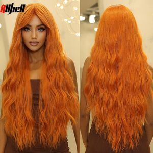 Orange Ginger Cosplay Synthetic Wig Long Water Wavy Copper Wig with Bangs for Black Women Party Natural Fake Hair Heat Resistant