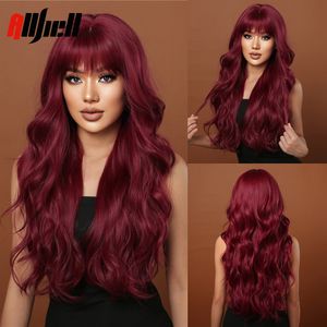 Long Wavy Wine Red Synthetic Wigs Natural Wave Afro Wigs With Bangs for Black Women Cosplay Costume Wig Heat Resistant Fiberfact