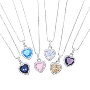 Kedjor Blue Pink White Colorful Cubic Zirconia Heart Pendant Necklace For Women Hiphop Iced Out Bling CZ Fashion Box Chain Jewelry