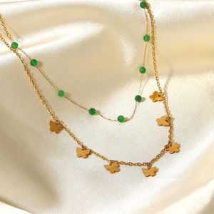 Collane con ciondolo Gioielli in acciaio inossidabile stile INS Collana con nappa a farfalla in pietra verde Collana a doppio strato in titanio da donna