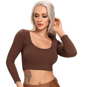 Yoga Outfit Crop Tops Women Long Sleeve Running Shirts Sexy Exposed Navel T-shirts Solid Sports Top Seamless Fitness Gym Sport Wear