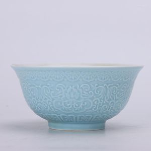 Schalen Shanghai Museum 1962 Sky Blue Glaze Relief Wirrwarr Lotus Muster Große Schale Porzellan Custom Ornaments