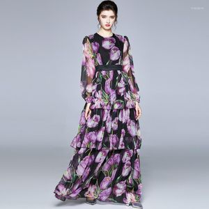 Casual Dresses Wtianyuw 2023 Summer Designer Runway Floral Dress Purple Flower Print Maxi Trendy On Tumblr Vestidos