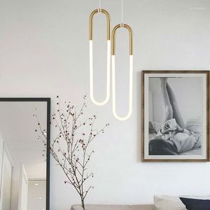 Lampadari Lampadari moderni a sospensione a tubo a forma di U in oro italiano Lampadario di lusso Soggiorno Lampade a sospensione a LED PA0559